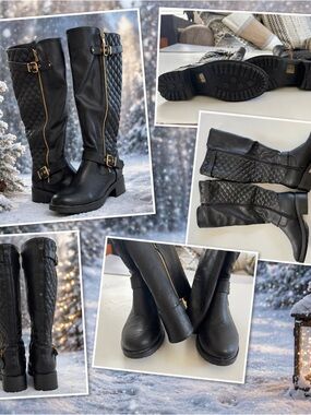 Dream Paris Quilted Over-The-Knee Riding Boots with Gold Buckle Detail - Black